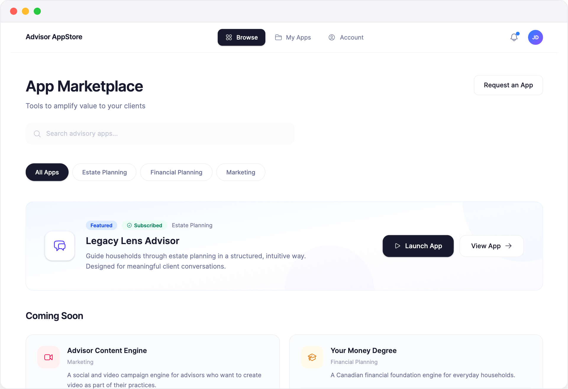 Advisor AppStore marketplace showing apps for financial advisors